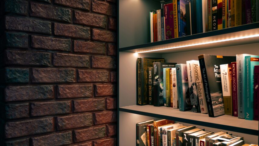 Strip LED su mensole di una libreria